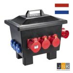 Kunststof verdeler "KORBACH" 1x CEE-apparatenstekker 32A 5-polig 400V 6h, 1x CEE contactdoos 5P 32A (ongezekerd), 2x CEE contactdoos 5P 16A, 6x Schuko wandcontactdozen 230V, NL53.126.0231