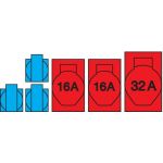 Kunststof verdeler "KORBACH" 1x CEE-apparatenstekker 32A 5-polig 400V 6h, 1x CEE contactdoos 5P 32A (ongezekerd), 2x CEE contactdoos 5P 16A, 6x Schuko wandcontactdozen 230V, NL53.126.0231
