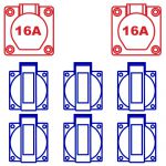 108041 Zwerkast KE06N Keraf Ypsilon doorlus CEE 32A 5p 400V | 2 x CEE 16A 5p 400V 6 x schuko 16A 2p+RA 230V | Ingang CEE 32A 5p 400V - JSK Handelsonderneming