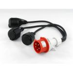 Verloopstekker van CEE 16A 5-polig Male naar 3x rubberen contrastekker 230V 2-polig met randaarde Female - 165->162/3 - 165162/3 - JSK Handelsonderneming