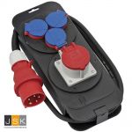 CEE Stroomverdeler 16A met praktische oproller voor het opbergen van de kabel (H07RN-F 5G1,5), met CEE-stekker (400V/16A), 1 CEE-contactdoos (400V/16A) en 3 contactdozen met beschermingscontact (230V/16A, aangesloten op drie fasen), 1151600010