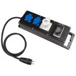 Ingang via VG-stekker 230V met 2m voedingskabel H07RN-F 3G2,5 qmm Uitgang: 1 CEE contactdoos 16A 3-polig 1h -> onbeveiligd 2 Schuko-contactdoos 230V -> onbeveiligd FI 25A/2-polig/0,03A over alle uitgangen