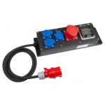 CEE volrubber contactdooscombinatie ''POWER X-line S'' 230V, 16A, Ingang: CEE stekker 16A 5-polig 400V met 2m kabel H07RN-F 5G2,5mm2 zwart Uitgangen: 3x Schuko 230V, ongezekerd 1x CEE aanbouwcontactdoos 16A 5-polig 400V, ongezekerd Met aardlekschakelaar 40A 4-polig 0,03A over alle uitgangen- XS.013.0001-2