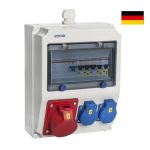 Wandverdeelkast Worms Uitgaand: 1x CEE16A, 2x Steckdose 230V~400V~Ingang M25 Top, FI Schrack Zekeringen, 1x LS16 A, 3-polig, C2xLS 16A, 1-polig, C met aardlekschakelaar 40 A, 400 V~, 4-polig, 0,03 A over alle uitgangen
