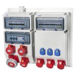 VOTHA® wandverdeler - bedraad "WETZLAR 3x CEE contactdoos 32 A 400 V -> 3 C16 A 3-polig 3x CEE contactdoos 16 A 400 V -> 3 C16 A 3-polig  3x Schuko wandcontactdozen 230 V -> 3 C16 A 1-polig  1x CEE contactdoos 63 A 400V  -> 1 Neoxed 63 A 1x Aardlekschakelaar 63 A, 400 V~ 4-polig, 0,03 A via CEE 32 A, 16 A en stopcontacten 230 V~ 1x M 40 kabelwartel  boven (met blindwartel M 40 onder) 058.333.3330-1-SI
