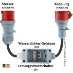 CEE Verloop Adapter 32A stekker naar 16A koppeling met LS-schakelaar C16, 3-fasen, 380-415V, 5-polig, H07RN-F 5G 2,5 mm² kabel, IP44 waterdicht (32-MCB-16), gezekerd 325165