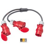 Y-splitter verloop adapter CEE 32A 5-polig, H07RNF 2,5mm² 0,5m > 2x CEE 5-polig 16A 0,5m rood SIROX/PCE IP44