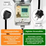 Stroommeter voor stopcontact 230 VAC 16A, mobiele digitale elektriciteitsmeter voor stopcontact met FI circuit Breaker type A, 230V IP44 Schuko Plug, tussenmeter power met IP67 elektrische meter