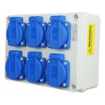 Stopcontactverdeler 230V - 6x Schuko 230V stopcontacten in een opbouwverdeelkast IP44 voor gebruik binnen/buiten Ideaal voor werkplaats, garage of fabriek. 1446.6x230V