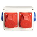 2xCEE16A|2x230V|H CEE Stroomverdeler. 2x CEE 16A 5 polig 400V met 2x Schuko 230V contactdoos combinatie. IP44 Bouwstroomverdeler, perfect voor werkplaatsen, garages en loodsen. 1446.2xCEE16A|2x230V|H