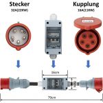 CEE Adapter 32A stekker naar 16A koppeling met LS-schakelaar C16, 3-fasen, 380-415V, 5-polig, H07RN-F 5G 2,5 mm² kabel, IP44 waterdicht (32-16MCB) , 6400 W