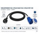 162163 - Verloopsnoer CEE-contrastekker 16A 3p 230V naar rubberen stekker 230V 2p, 3,00 meter IP67