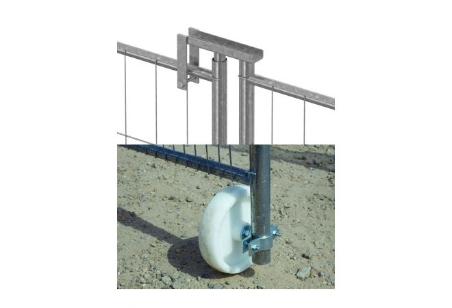 Bouwhekwiel en Bouwhekscharnier als set geleverd | Construction fence wheel incl. Fixed clamp and construction fence hinge supplied as a set