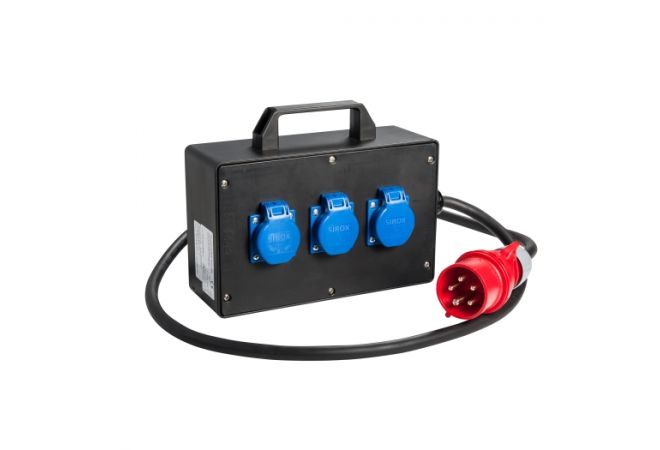 Rubberen verdeeldoos 16A | 3x 230V contactdoos met CEE 16A 400V | "GRÜNBERG" 019.003.0000-1 - JSK Handelsonderneming