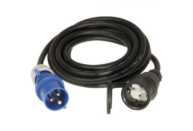 163162 Verloopkabel CEE stekker blauw 16A 3-polig 230V naar contrastekker 230V 2-polig met randaarde zwart rubber  - JSK Handelsonderneming