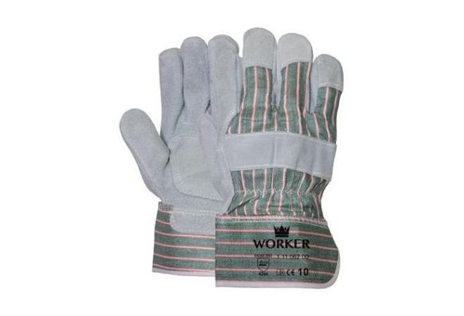 Rundsplitlederen handschoen met palmversterking en groen gestreept doek (Doos 60 paar) - 1.11.062.00 - JSK Handelsonderneming
