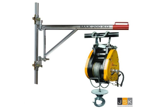 Steigerlier / Steigertakel 230V/230Kg met zwenkarm en 2 buisklemmen geleverd met testcertificaat, CE-conformiteitsverklaring en gebruiksaanwijzing