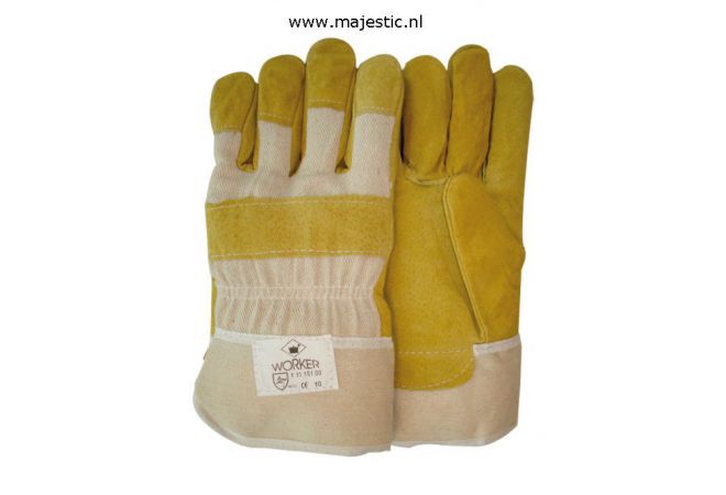 Varkenssplitlederen handschoen, geel, gevoerd, ecru doek