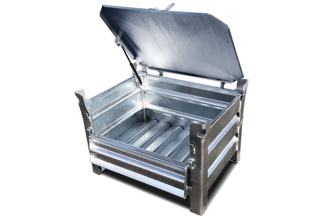 Stapelbak met deksel | verzinkt 80 x 60 x 50cm | gemonteerde gasveer | max. hijslast 1.500kg | 1002.0001 - JSK Handelsonderneming