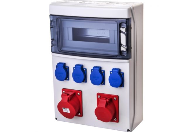 Wandverdeler lege behuizing voorbedraad | 1x CEE 32A 5p 380V | 1x CEE 16A 5p 380V | 4x schuko 16A 230V | "WERSAU" | 056.114.0000-V