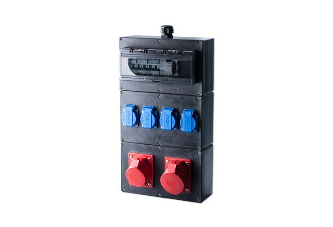 114628 Keraf Domino wandkast IP44 CEE 16/32A | 1x CEE 16A 5p 400V | 1x CEE 32A 5p 400V | 4x schuko 16A 250V | 114628
