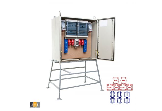Meterverdeelkast 125 Ampère | KEM125 | 2x CEE 63A 5p 380V | 2x CEE 32A 4p 380V | 2x CEE 32A 5p 380V | 6x schuko 16A 230V | 1x keetaansluiting | 104500 - JSK Handelsonderneming