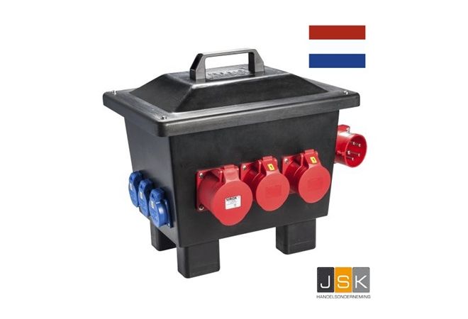 Kunststof verdeler "KORBACH" 1x CEE-apparatenstekker 32A 5-polig 400V 6h, 1x CEE contactdoos 5P 32A (ongezekerd), 2x CEE contactdoos 5P 16A, 6x Schuko wandcontactdozen 230V, NL53.126.0231