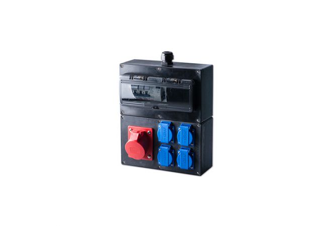 Wandverdeler rubber IP44 CEE 16A | 1x CEE 16A 5p 400V | 4x schuko 16A 250V | 114627