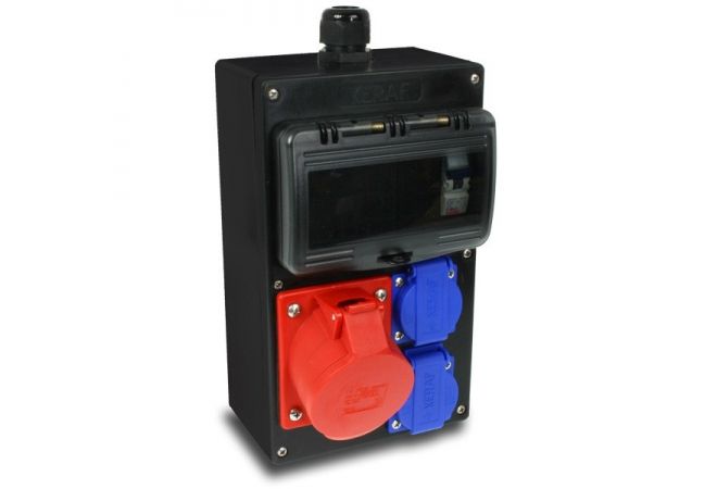114425 Wandverdeelkast rubber IP44 CEE 32A | 1x CEE 32A 5p 400V | 2x schuko 16A 250V | 1 x automaat 32A 3P+N 1 x automaat 16A 1p+N - JSK Handelsonderneming