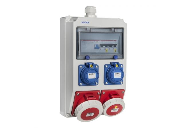 Wandverdeler - bedraad "WOLFSBURG" waterdicht | 1x CEE 32A 5p 400V | 1x CEE 16A 5p 400V | 2x schuko 230V | IP 67 | 063.112.1110-1