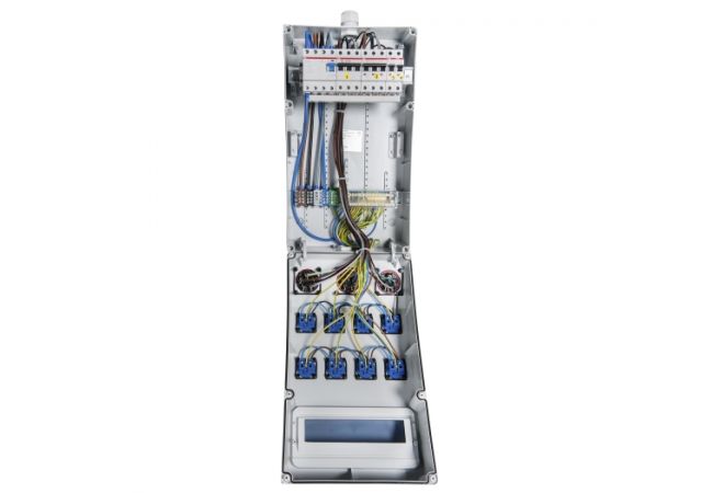 064.128.1121 | VOTHA® wandverdeler - bedraad "WEIMAR" | 1x 32A 5p 400V | 2x 16A 5p 400V | 8x randaarde-contactdozen 230V | Aardlekschakelaar - JSK Handelsonderneming