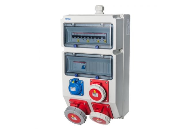 VOTHA WUPPERTAL wandverdeler waterdicht - bedraad met 1x CEE 63 A, 1x CEE 32 A, 1x CEE 16 A, 1x WCD 230 V en aardlekschakelaar 63 A 0,03 A (4P) - 065.111.1111-1