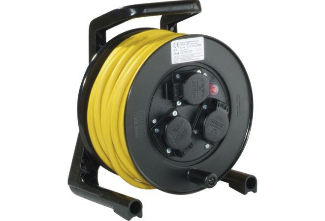 Kabelhaspel JUMBO met 3 contactdozen en zware rubber kabel H07RN-F 3 x 1,5 mm² 20 m geel | 111.113.1205 - JSK Handelsonderneming