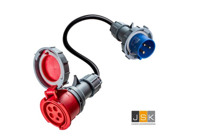 32A 5-polige CEE naar 16A 3-polige CEE adapter, IP67 Beschermingsklasse, CE- en TÜV-gecertificeerd, 3 jaar garantie, Plug-and-play eenvoud