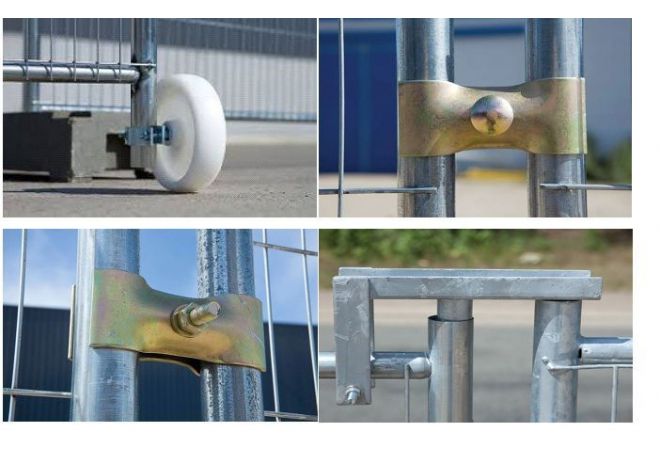 Bouwhekscharnier en Bouwhekwiel als set geleverd | Construction fence wheel and fence hinge incl. construction Fixed clamp supplied as a set