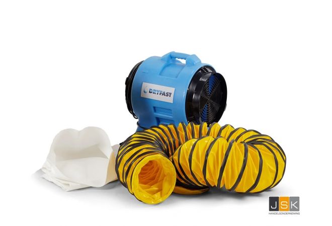 Dryfast axiaal ventilatorset DAF3000, 295 Pa, DAF3000LSAU/5 met 5 meter luchttransportslang, 3000 m³/uur stofopvangzak en 2 spanbanden