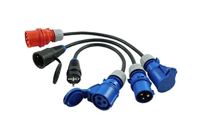 Adapter Set 3-Piece 3-Pole CEE Plug Coupling to 5-Pole CEE Plug Schuko Plug Coupling 16A - 3x2.5mm2 - IP44 - Camping, Caravan, Markets