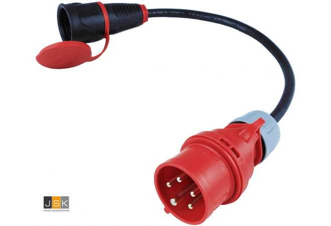 325162 CEE stroom adapter 32A 5-polig 400V naar 16A 2-polig 230V met rubber contrastekker met randaarde - JSK Handelsonderneming