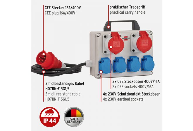 1153650 | Brennenstuhl Compacte Stroomverdeler Bkv 2/4 T Ip44 / Bouwstroomverdeler met Draaggreep, Ca. 2 M Kabel, voor Continu Gebruik Buitenshuis IP44 - JSK Handelsonderneming