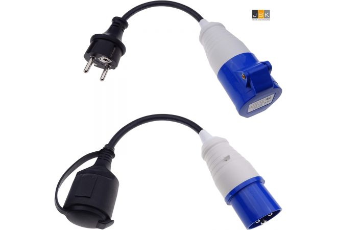 Actie CEE Camping verloop stekker adapter set | 2x adapterkabel CEE 0,3 meter zwart 230V 16A 3-polig 163162