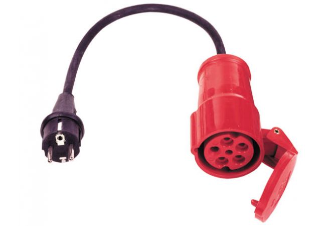Verloop stroom adapter van rubberen stekker 230 Volt 2-polig met randaarde naar CEE contrastekker 16A 5-polig - 162165