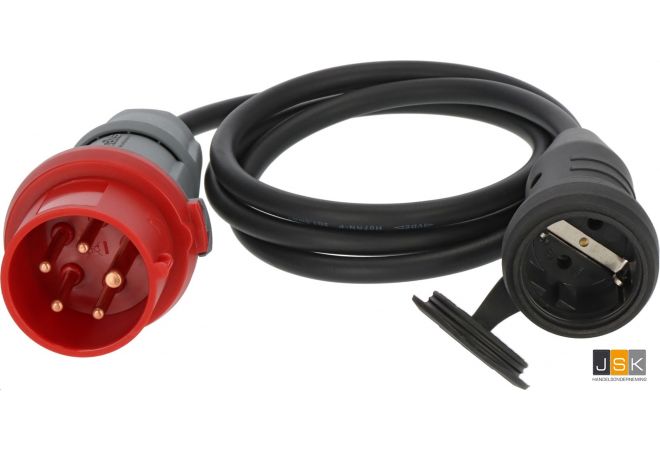 Europower Aggregaat Verloop Adapter 16A van CEE 5-polig Stekker naar Schuko koppeling rubber 2-polig vrouw, kabel 3x2,5mm²