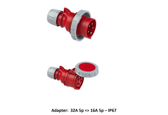 Hoogwerker Verloop Adapter CEE 32A Male => CEE 16A Female 5-polig, IP44 of IP67 - 325165