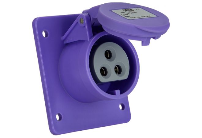 PCE 362 CEE-flanged socket straight 54x60mm 16A 2p 24VAC 50/60Hz IP44/IP54 TWIST, 20-25 V (50+60 Hz) violet, IP54 Screwed terminal Straight