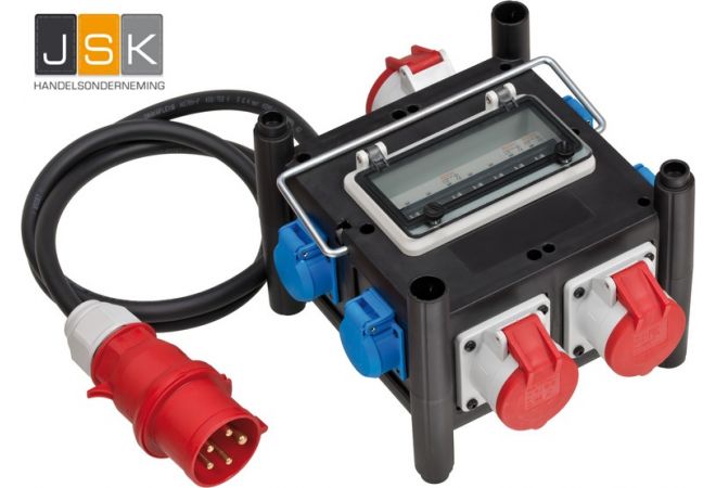 Compacte rubberen stroomverdeler / rubberen verdeler (2m kabel, 2xCEE 400V/16A, 1 x CEE 400V/32A, 4x 230V/16A, gebruik op de bouwplaats en permanent buitengebruik, MADE IN DUITSLAND)
