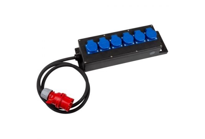 CEE volrubber contactdooscombinatie 16A,400V, 6u met 2m voedingskabel H07RN-F 5G2,5 qmm Uitgang: 6x Schuko stopcontact 230V -> onbeveiligd - POWER X-Line XS.006.0000-3