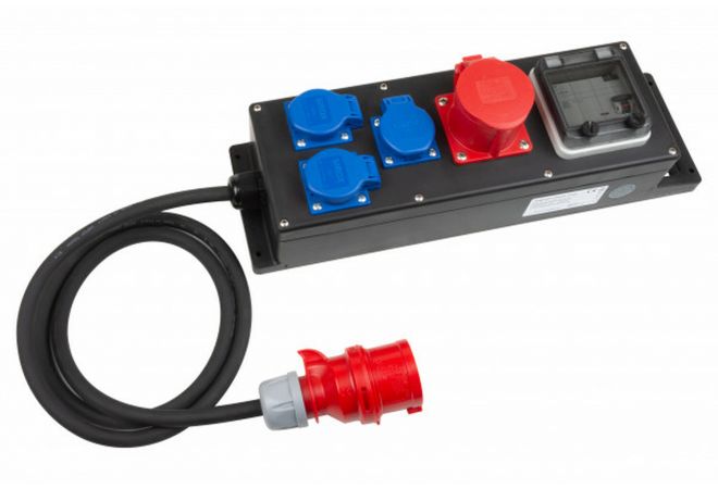 CEE volrubber contactdooscombinatie ''POWER X-line S'' 230V, 16A, Ingang: CEE stekker 16A 5-polig 400V met 2m kabel H07RN-F 5G2,5mm2 zwart Uitgangen: 3x Schuko 230V, ongezekerd 1x CEE aanbouwcontactdoos 16A 5-polig 400V, ongezekerd Met aardlekschakelaar 40A 4-polig 0,03A over alle uitgangen- XS.013.0001-2