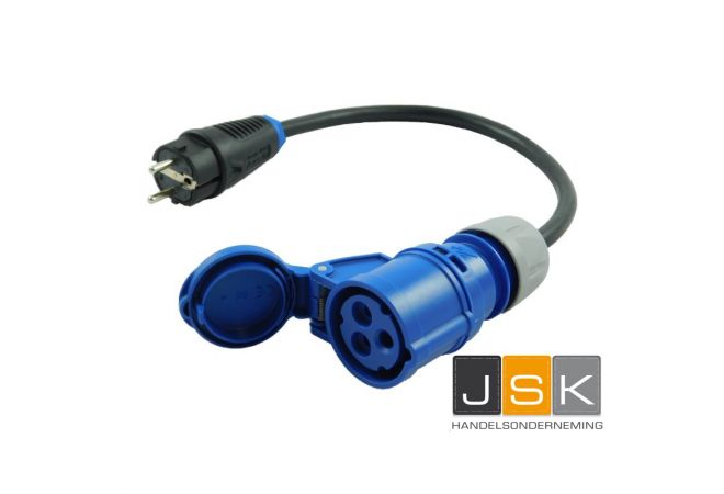 162163 | CEE 16A verloop adapter 230V H07RN-F 3G2,5mm², 0.3 meter Schuko contactstop naar CEE 16A 3p