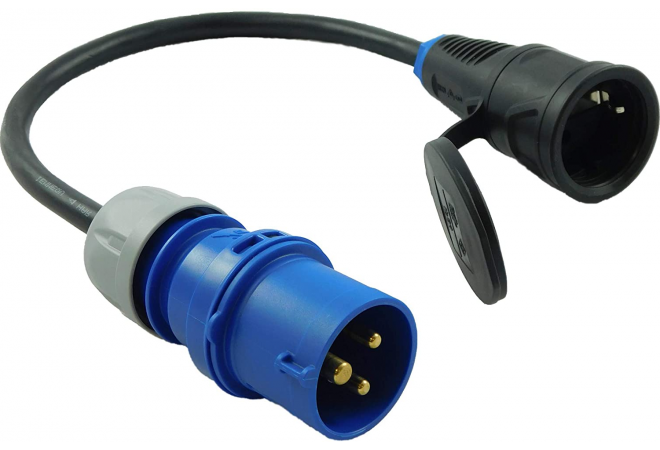 Verloopkabel CEE stekker blauw 32A 3-polig 230V naar contrastekker 230V 2-polig met randaarde zwart rubber 323162 - JSK Handelsonderneming