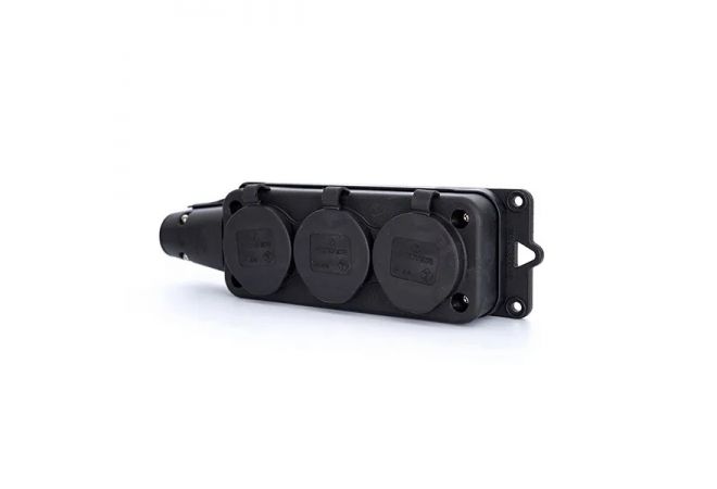 Stekkerdoos 3-voudig rubber monteerbaar VD16 IP44 zwart met 3 inbouw contactdozen 16A, 250V~ Artikelnr. 44240